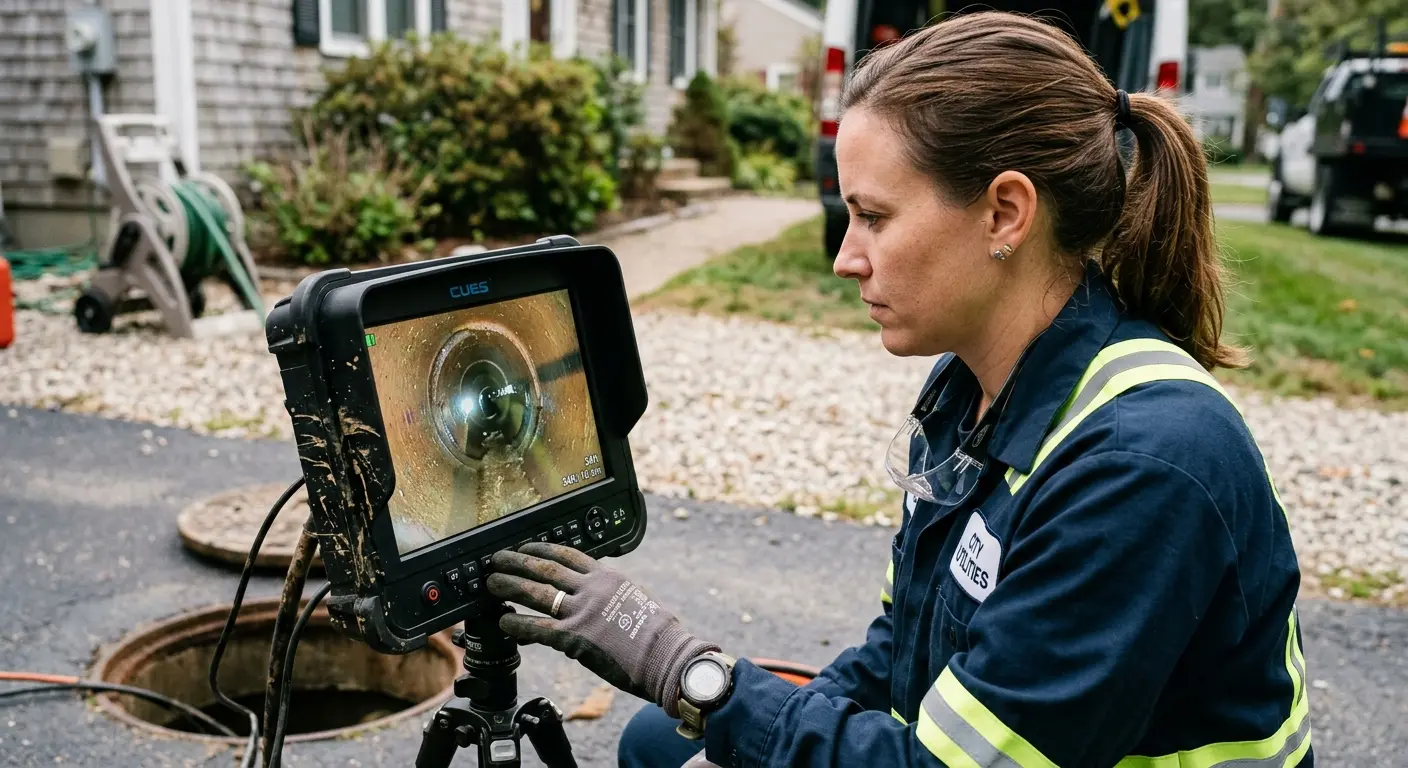Technician reviewing sewer camera inspection footage in Winchester