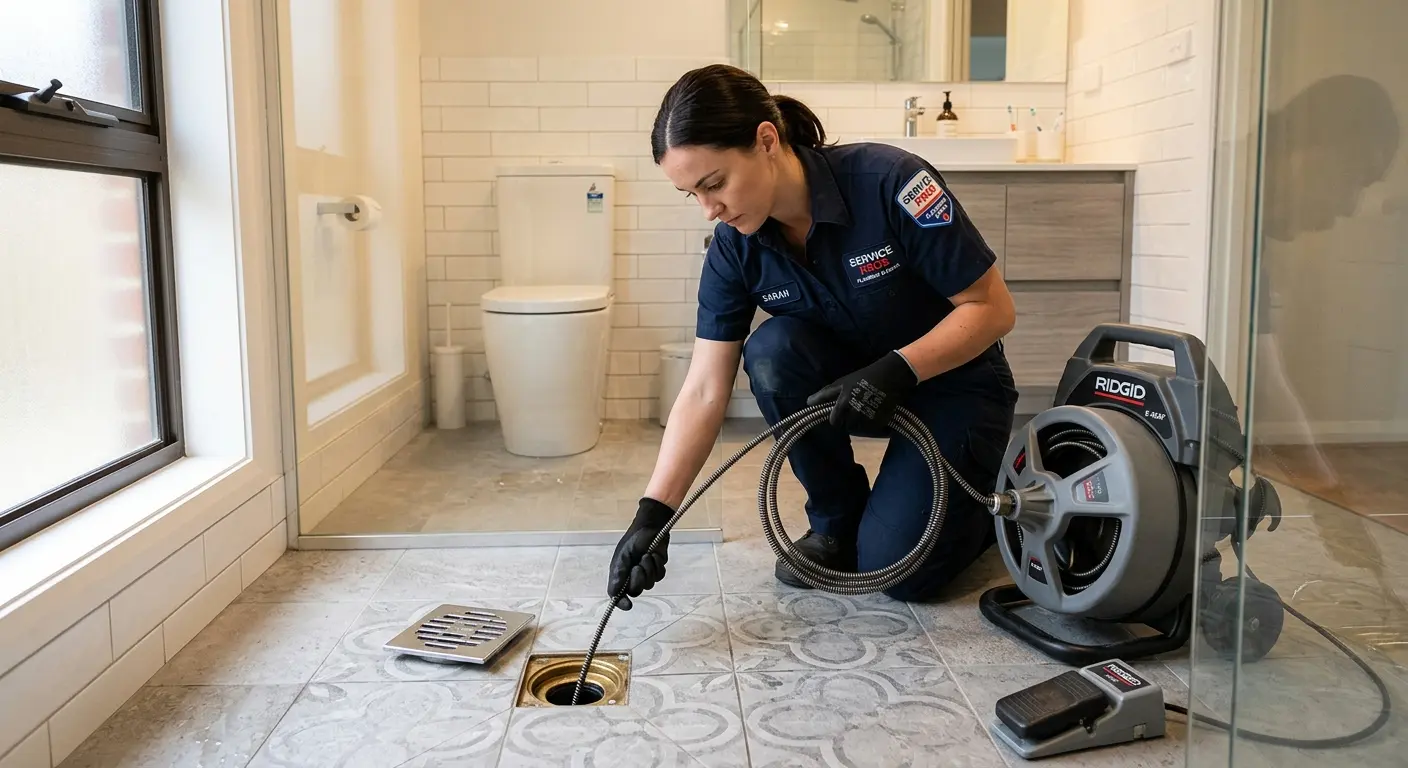Technician clearing a bathroom floor drain for Hydro Jetting in Winchester